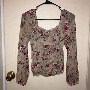 Nude floral ruched mesh sleeve top with raw hem